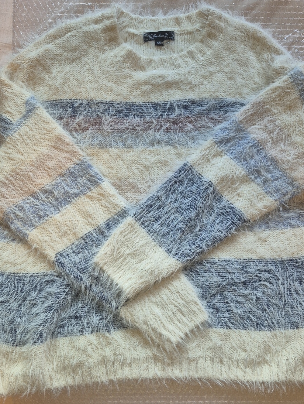 Charlie B Cream Striped Fuzzy Knit Eyelash Sweater